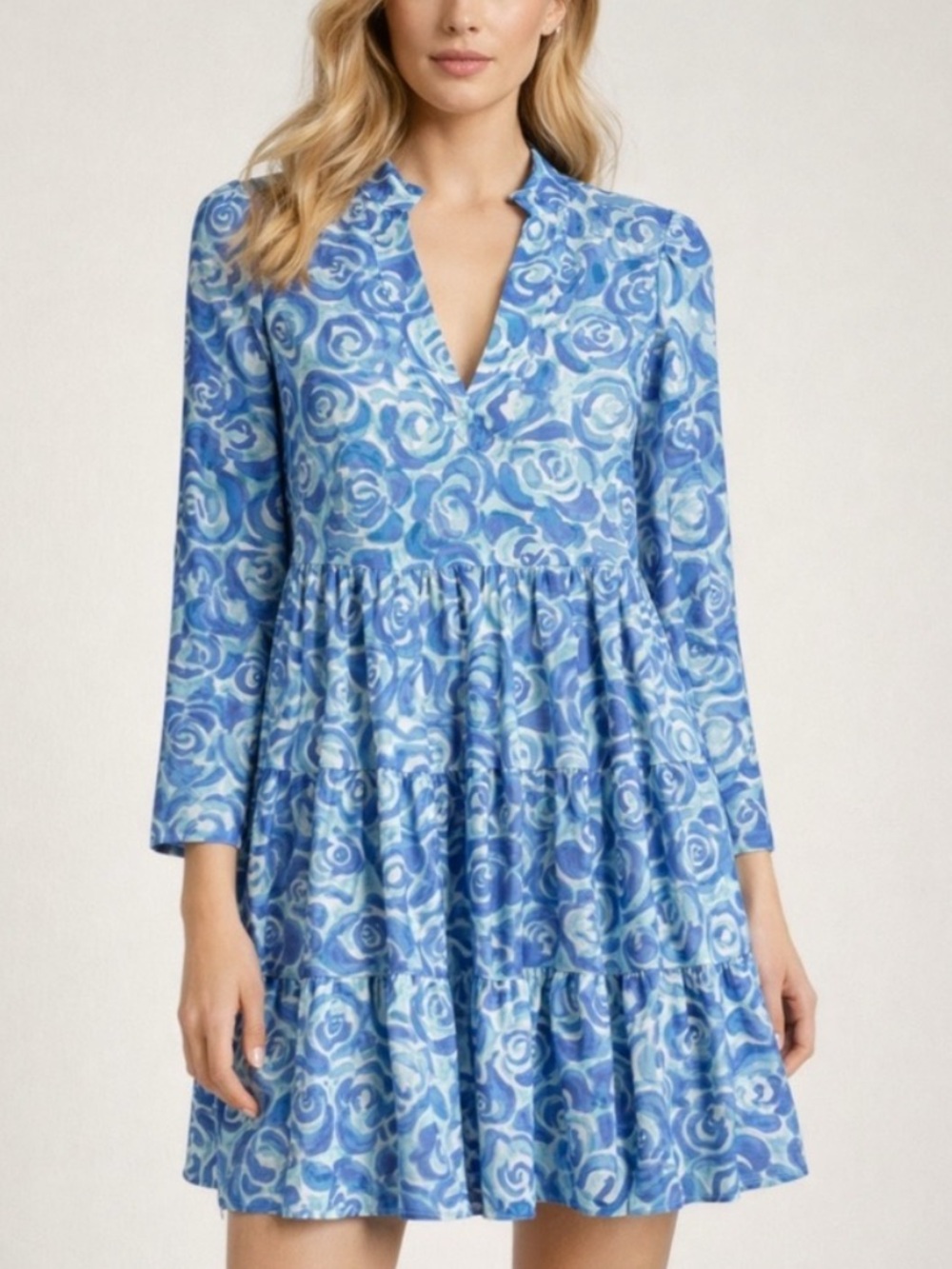 Sail to Sable Matrix Long Sleeve Tunic Flare Dress in Blue and White